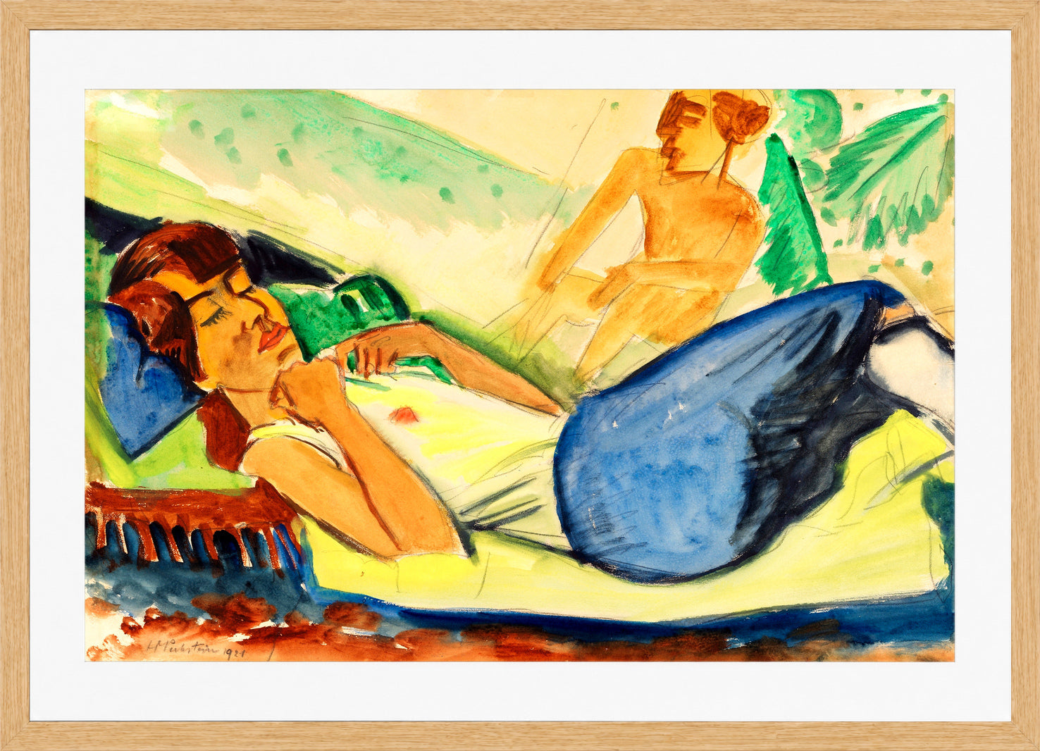 Hermann Max Pechstein Print, Resting Girl (1921) in a light oak frame