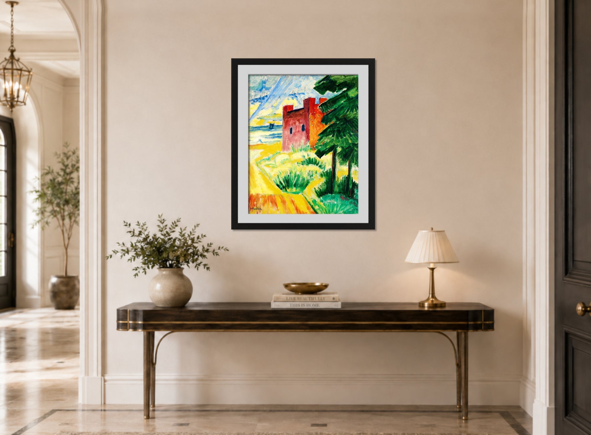 Hermann Max Pechstein Print, Rettungshaus in den Dünen (1920) displayed above a console table