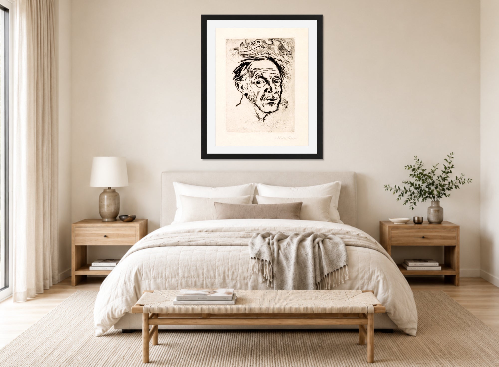 Hermann Max Pechstein Print, Self-portrait (1948) displayed above a bed