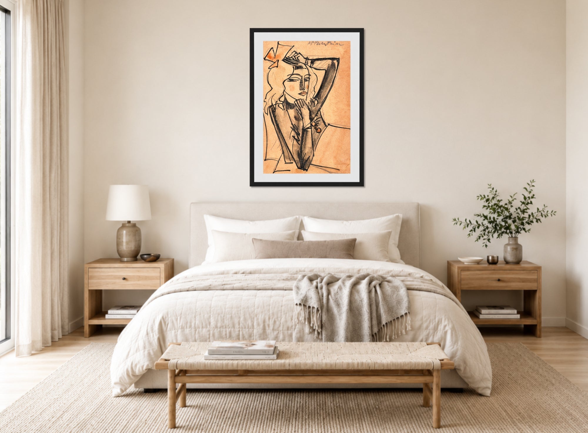 Hermann Max Pechstein Print, Sick Girl (1918) displayed above a bed