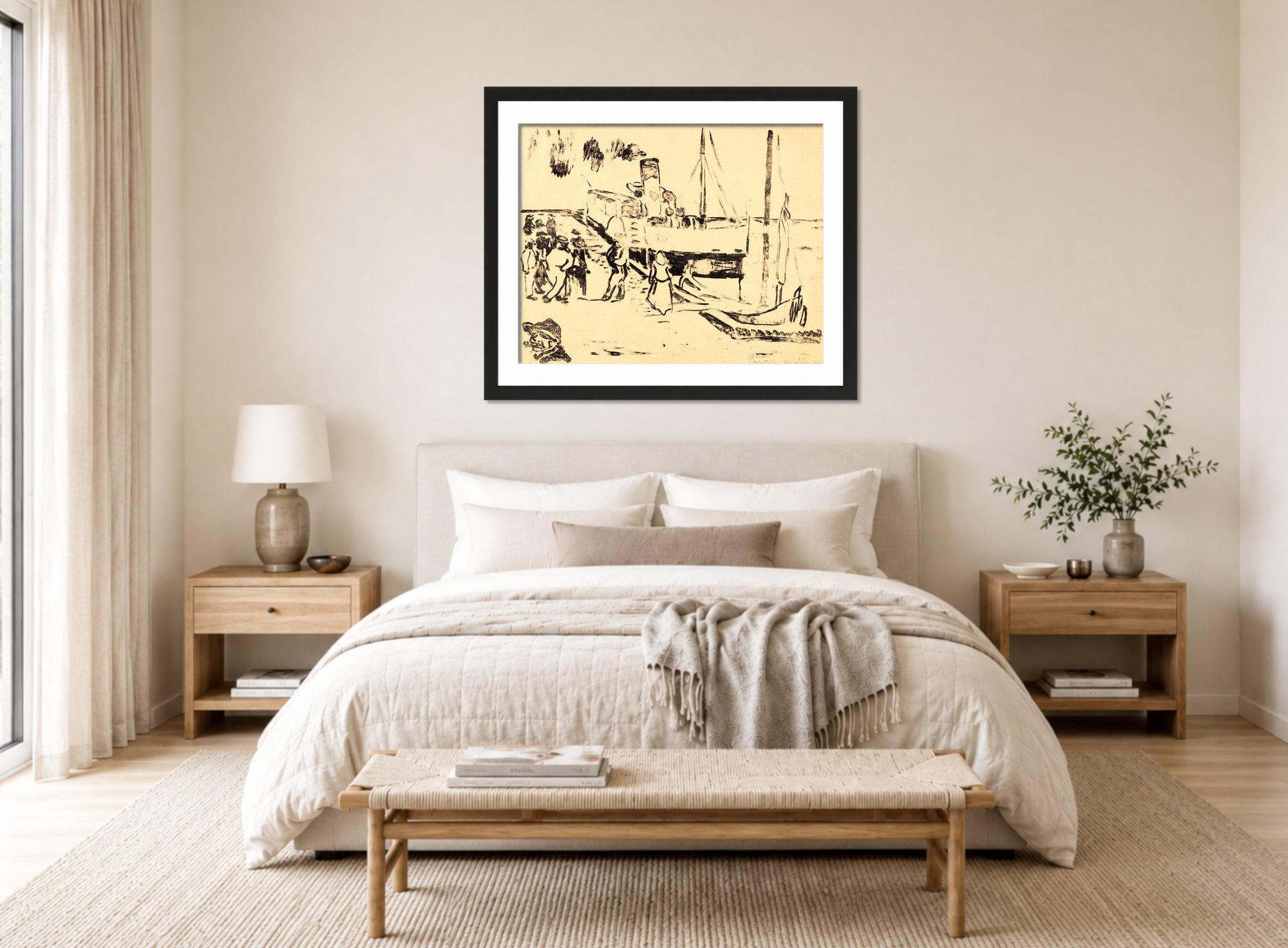 Hermann Max Pechstein Print, Small steamboat (1909) displayed above a bed