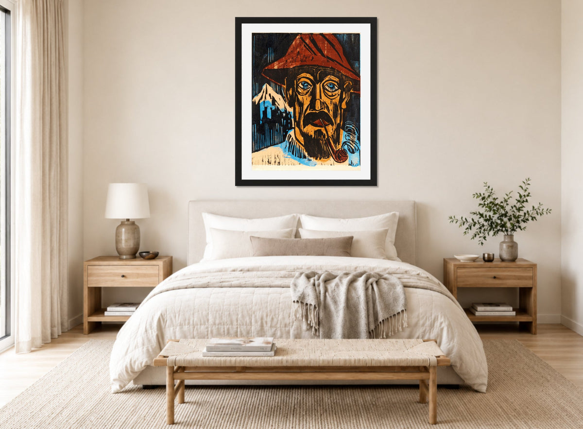 Hermann Max Pechstein Print, Smoking Swiss man (1923) displayed above a bed