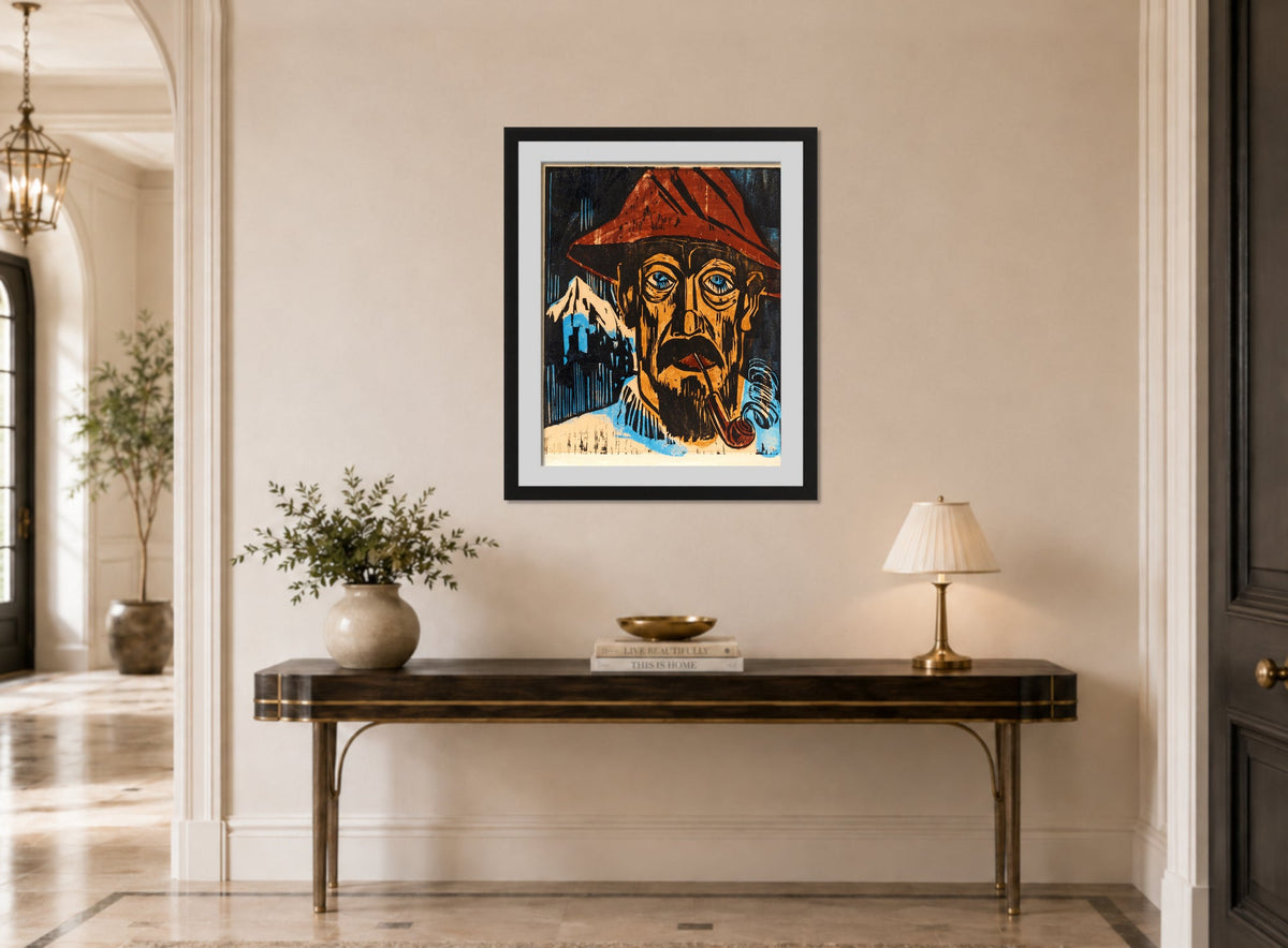 Hermann Max Pechstein Print, Smoking Swiss man (1923) displayed above a console table