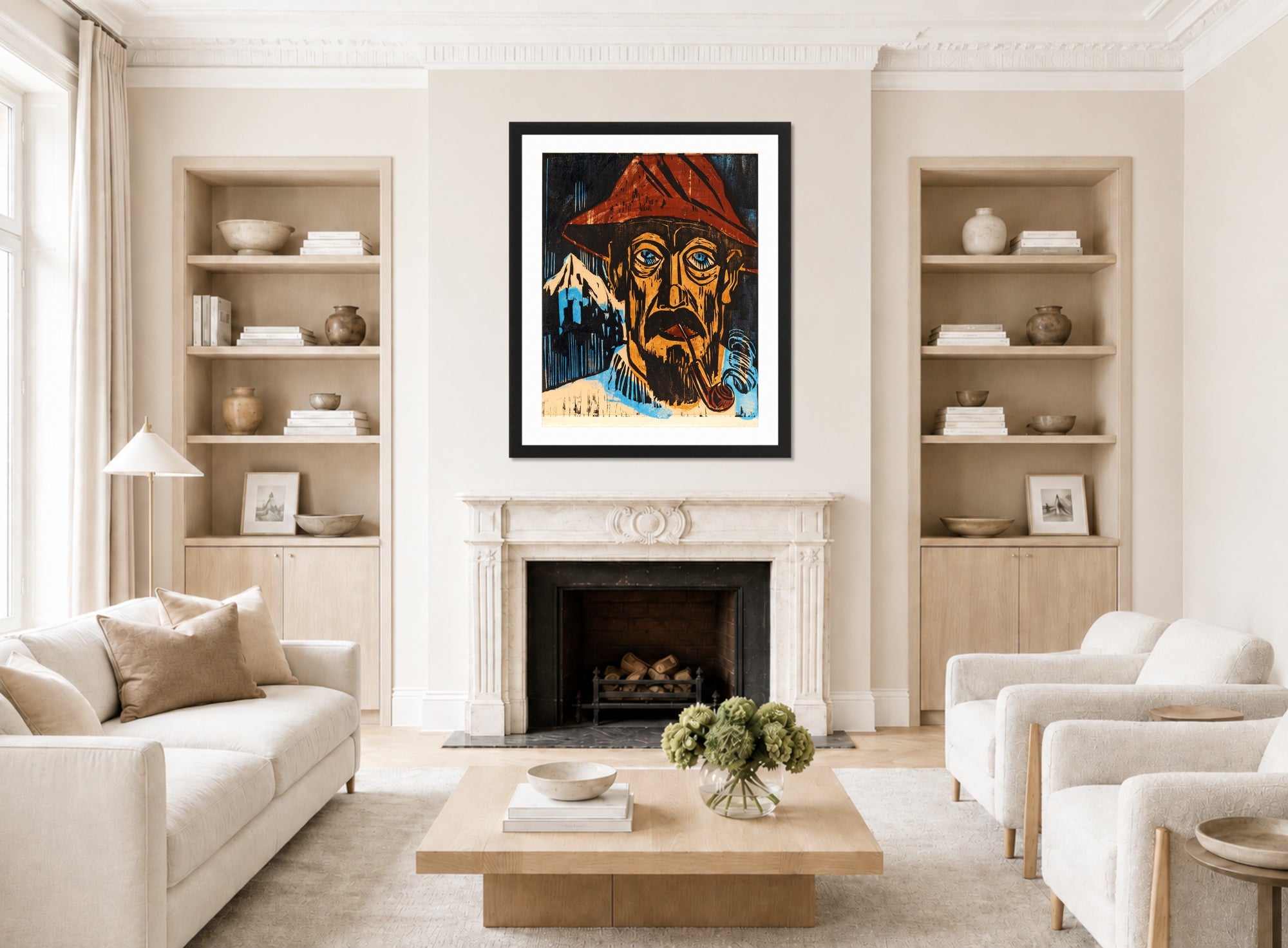Hermann Max Pechstein Print, Smoking Swiss man (1923) displayed in a living room