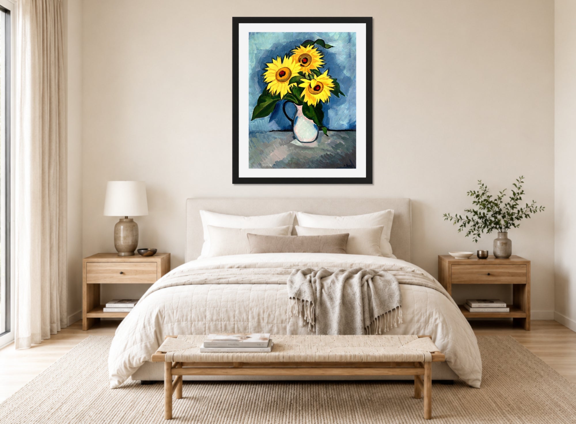 Hermann Max Pechstein Print, Sonnenblumen (1912) displayed above a bed