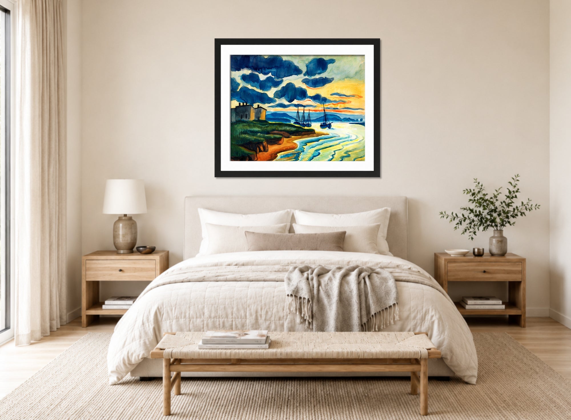Hermann Max Pechstein Print, Sonnenuntergang (Lebastrom) (1925) displayed above a bed