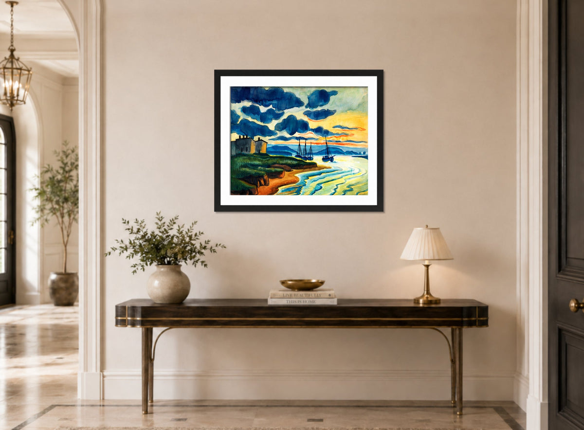 Hermann Max Pechstein Print, Sonnenuntergang (Lebastrom) (1925) displayed above a console table