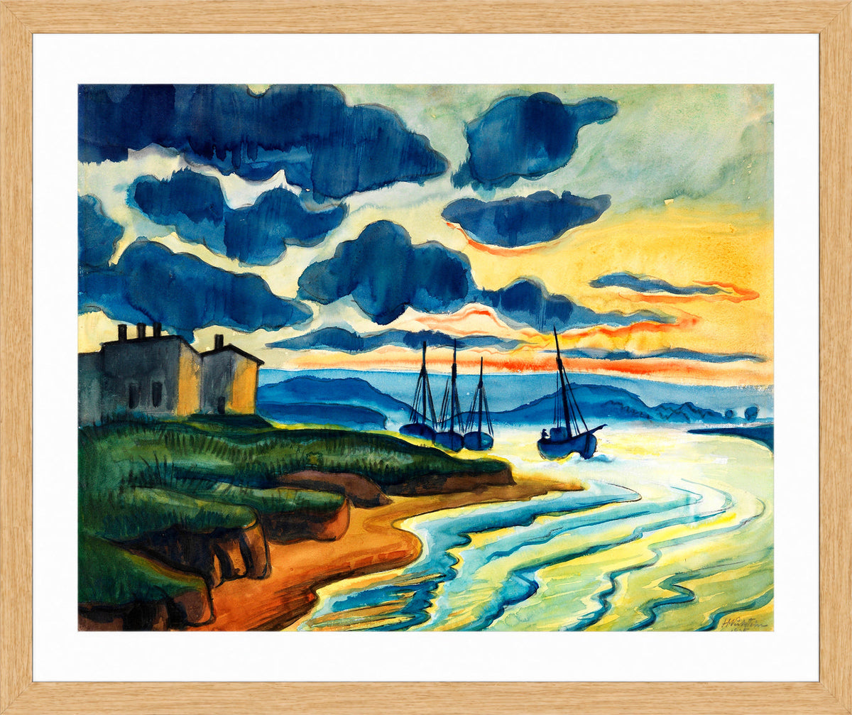 Hermann Max Pechstein Print, Sonnenuntergang (Lebastrom) (1925) in a light oak frame