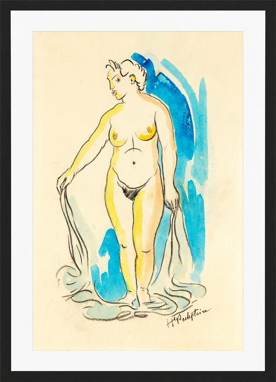 Hermann Max Pechstein Print, Standing female nude (nymph) (1930) in a black frame