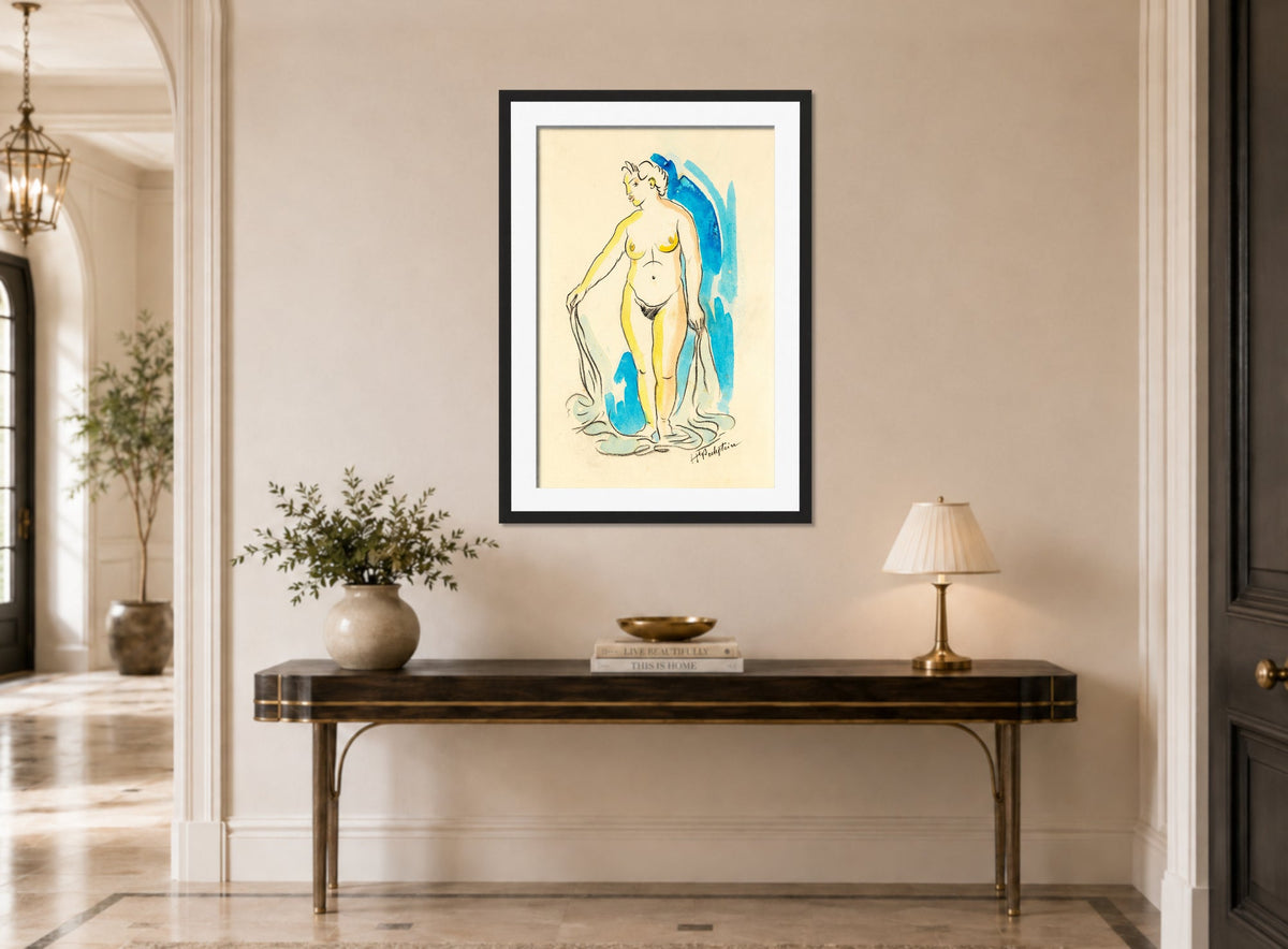 Hermann Max Pechstein Print, Standing female nude (nymph) (1930) displayed above a console table