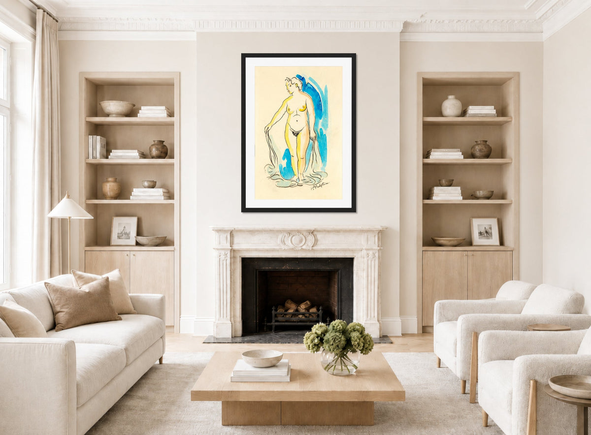 Hermann Max Pechstein Print, Standing female nude (nymph) (1930) displayed in a living room