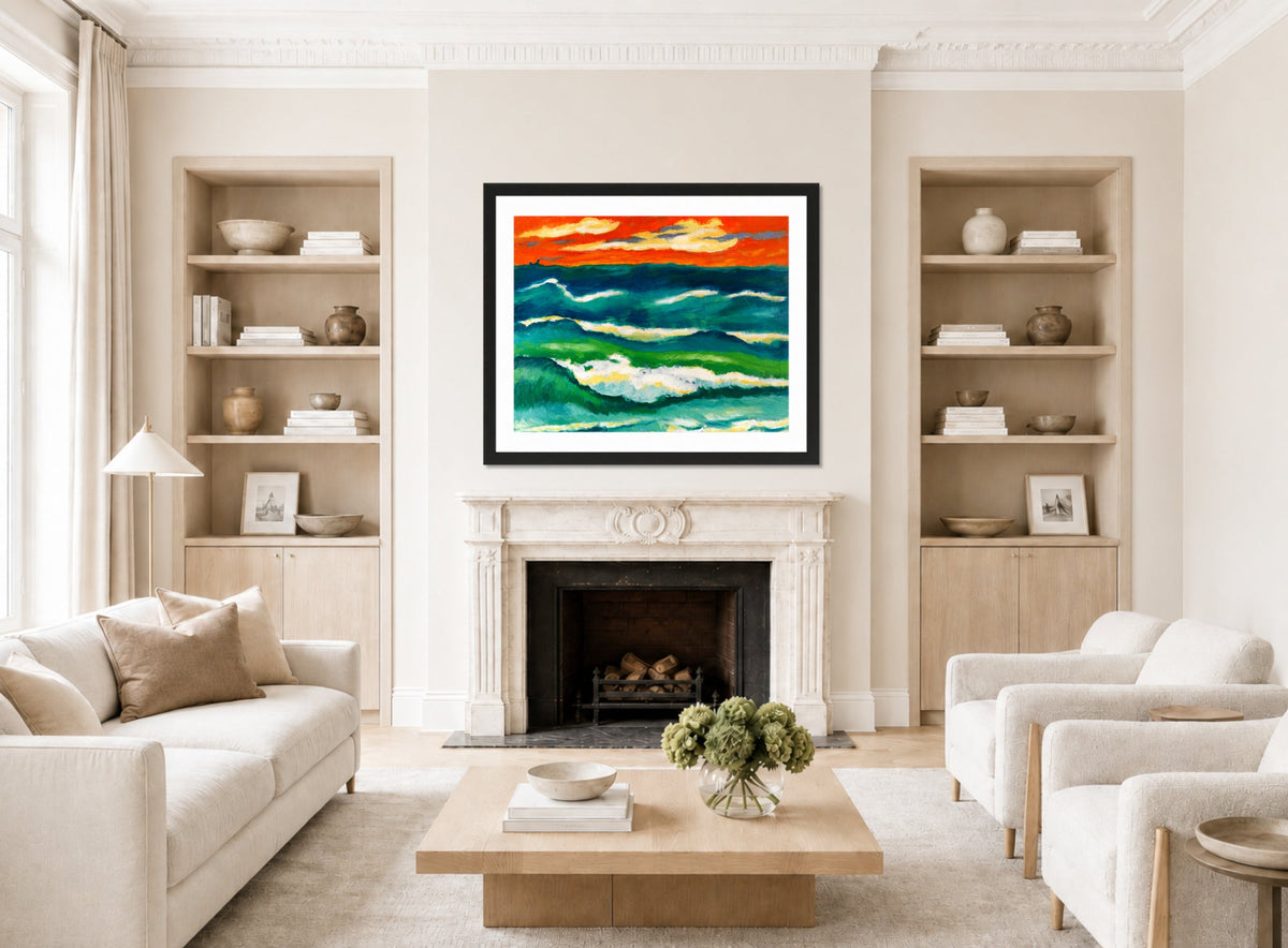 Hermann Max Pechstein Print, Stormy Sea in the Evening (1953) displayed in a living room