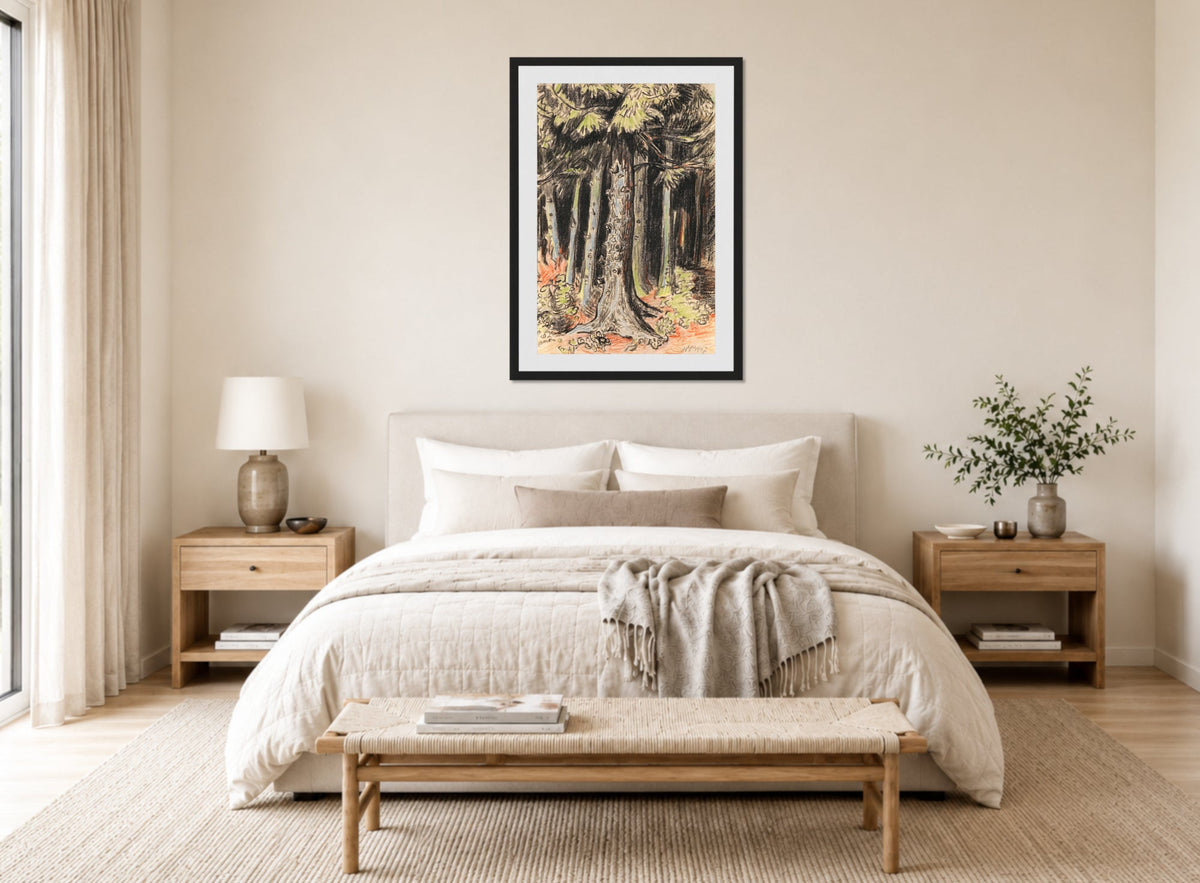 Hermann Max Pechstein Print, Summer Forest (1947) displayed above a bed