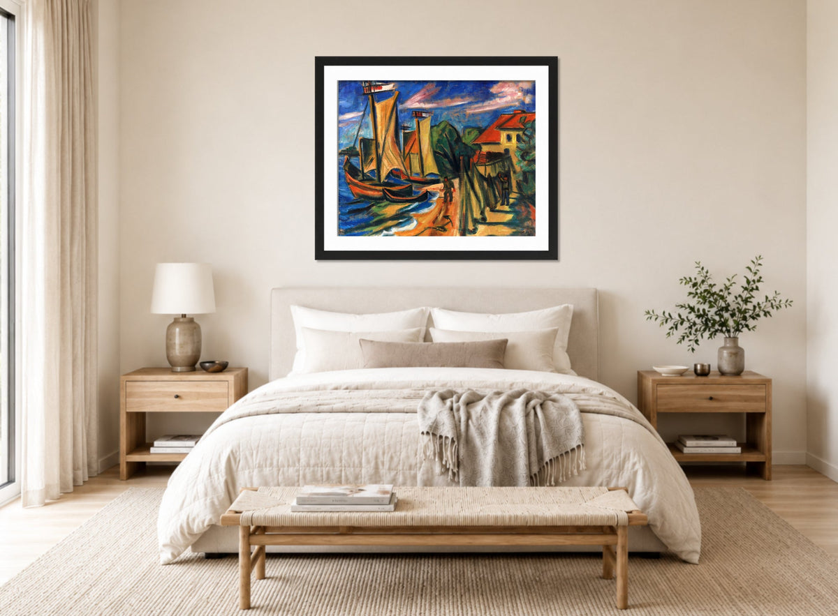 Hermann Max Pechstein Print, Summer morning (1919) displayed above a bed