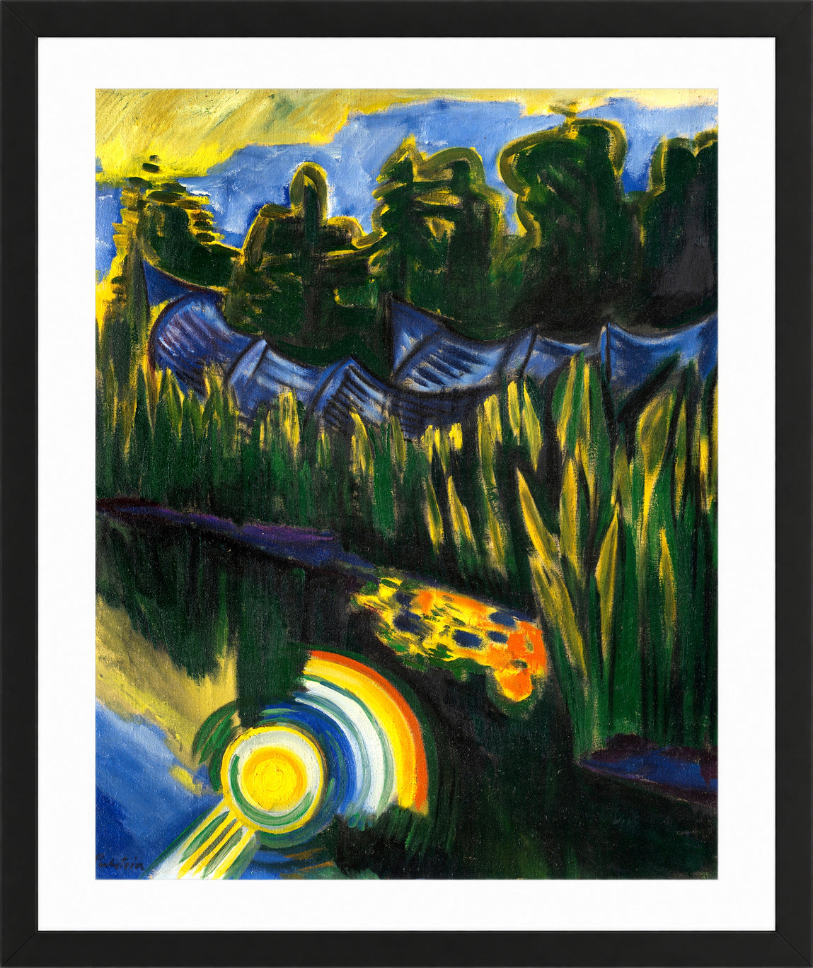 Hermann Max Pechstein Print, Sun in the Reeds (1921) in a black frame