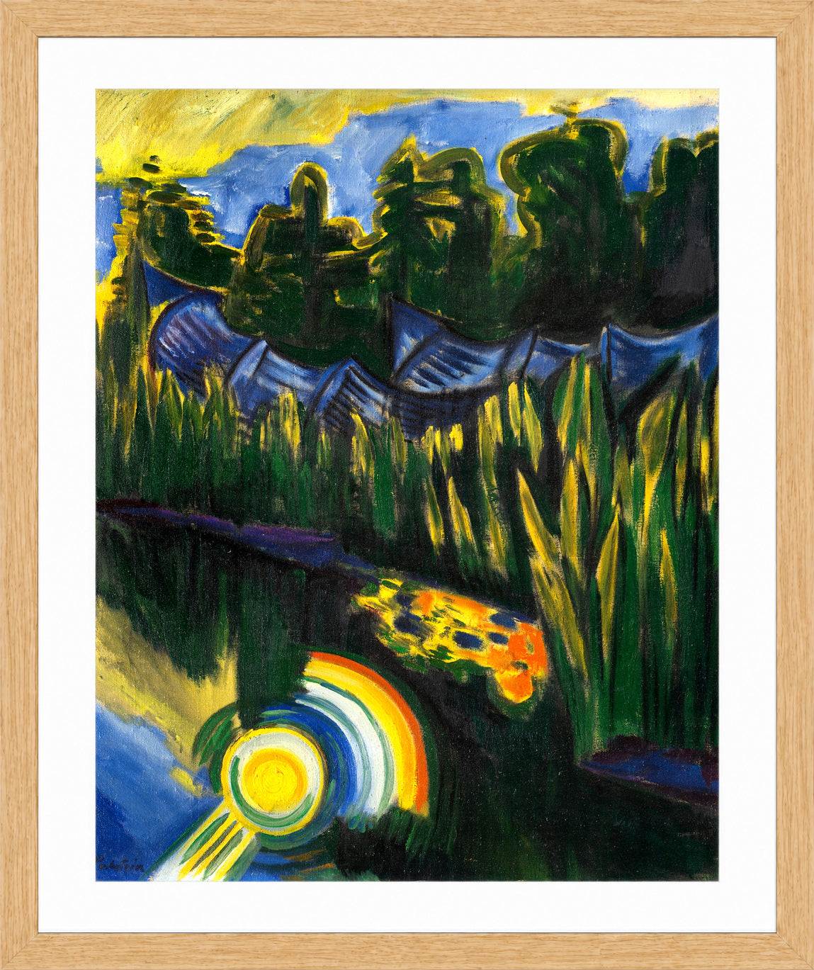 Hermann Max Pechstein Print, Sun in the Reeds (1921) in a light oak frame