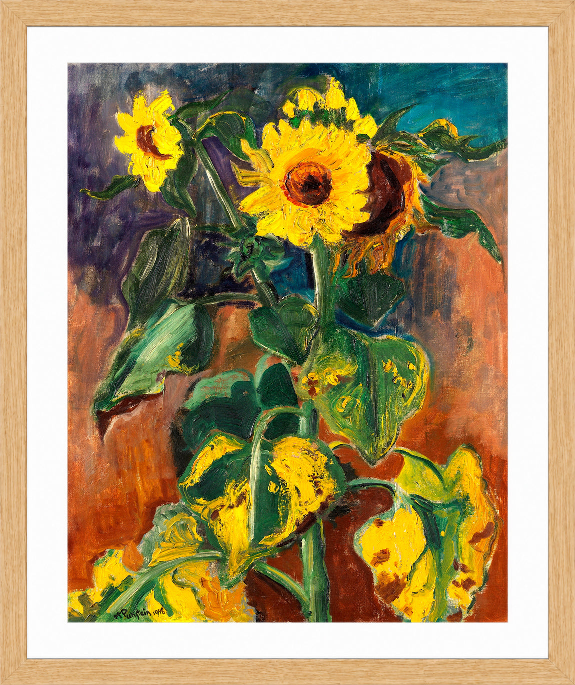 Hermann Max Pechstein Print, Sunflowers (1948) in a light oak frame