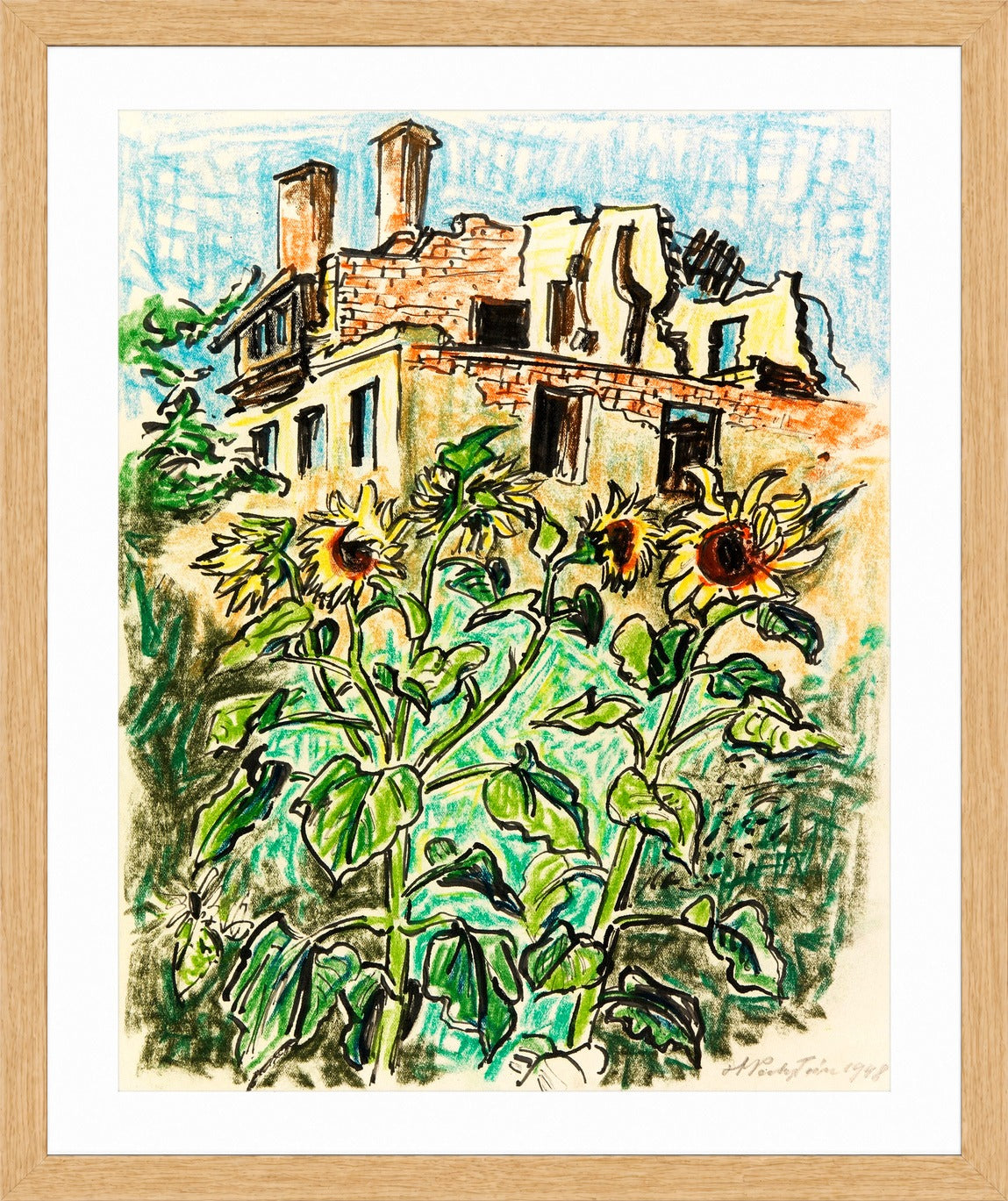 Hermann Max Pechstein Print, Sunflowers in the Garden (1948) in a light oak frame