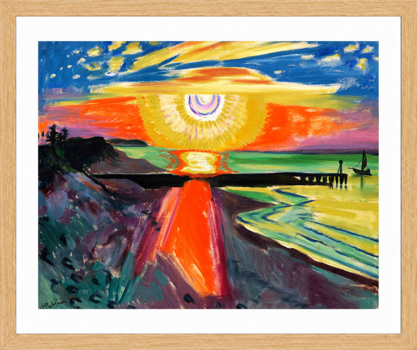 Hermann Max Pechstein Print, Sunset at the Sea (1921) in a light oak frame
