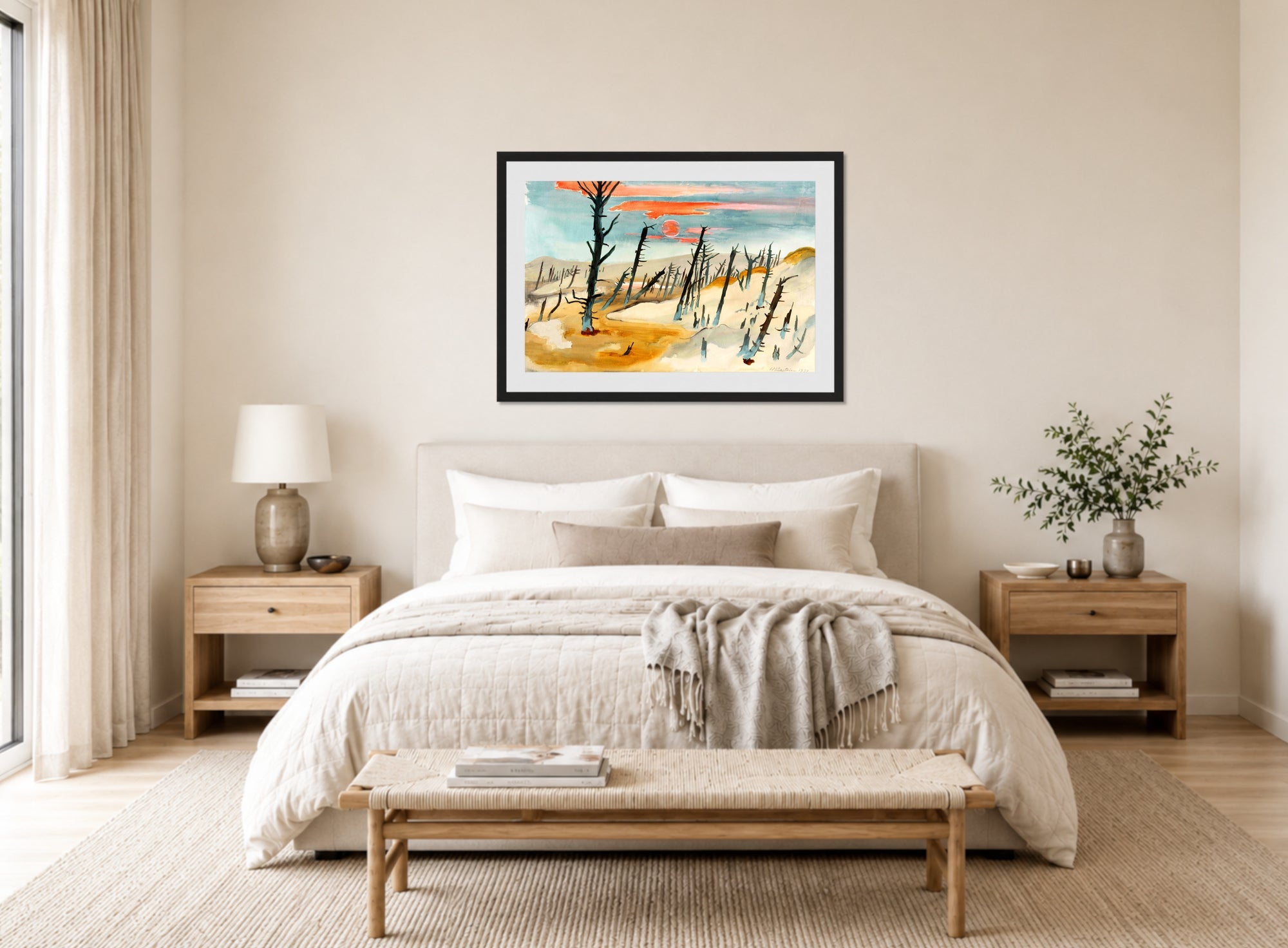 Hermann Max Pechstein Print, The Dead Forest – Lonske Dune (1934) displayed above a bed