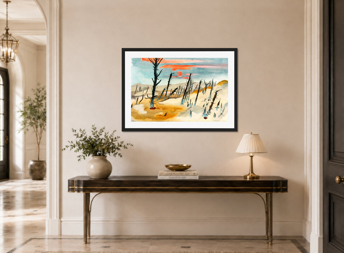Hermann Max Pechstein Print, The Dead Forest – Lonske Dune (1934) displayed above a console table