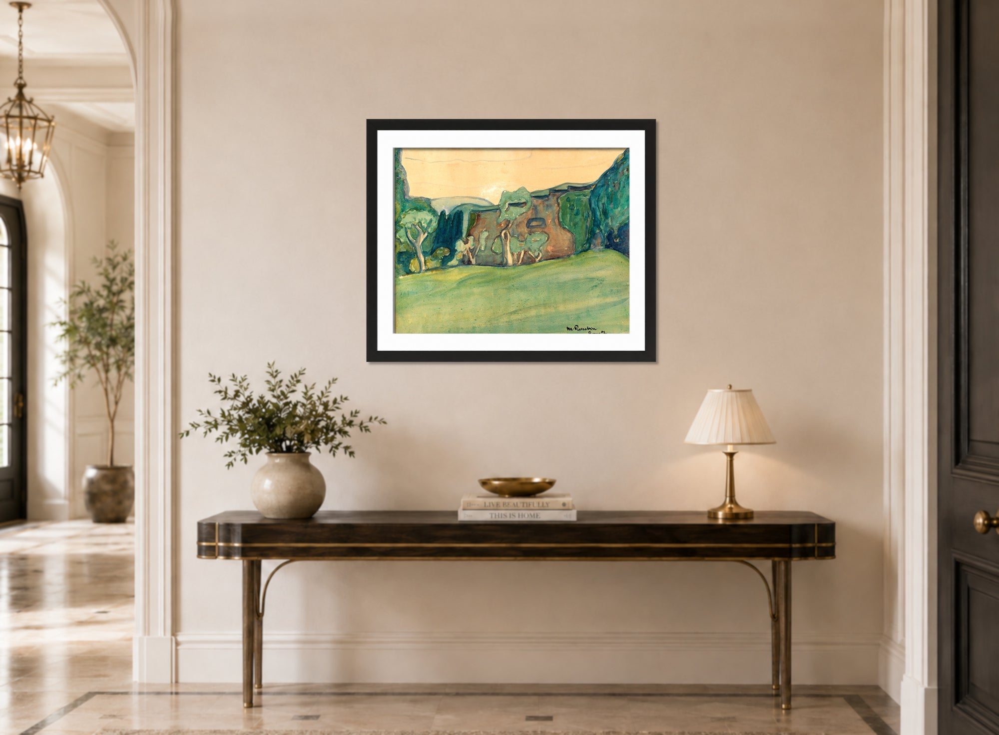 Hermann Max Pechstein Print, The Forest Glade (1907) displayed above a console table