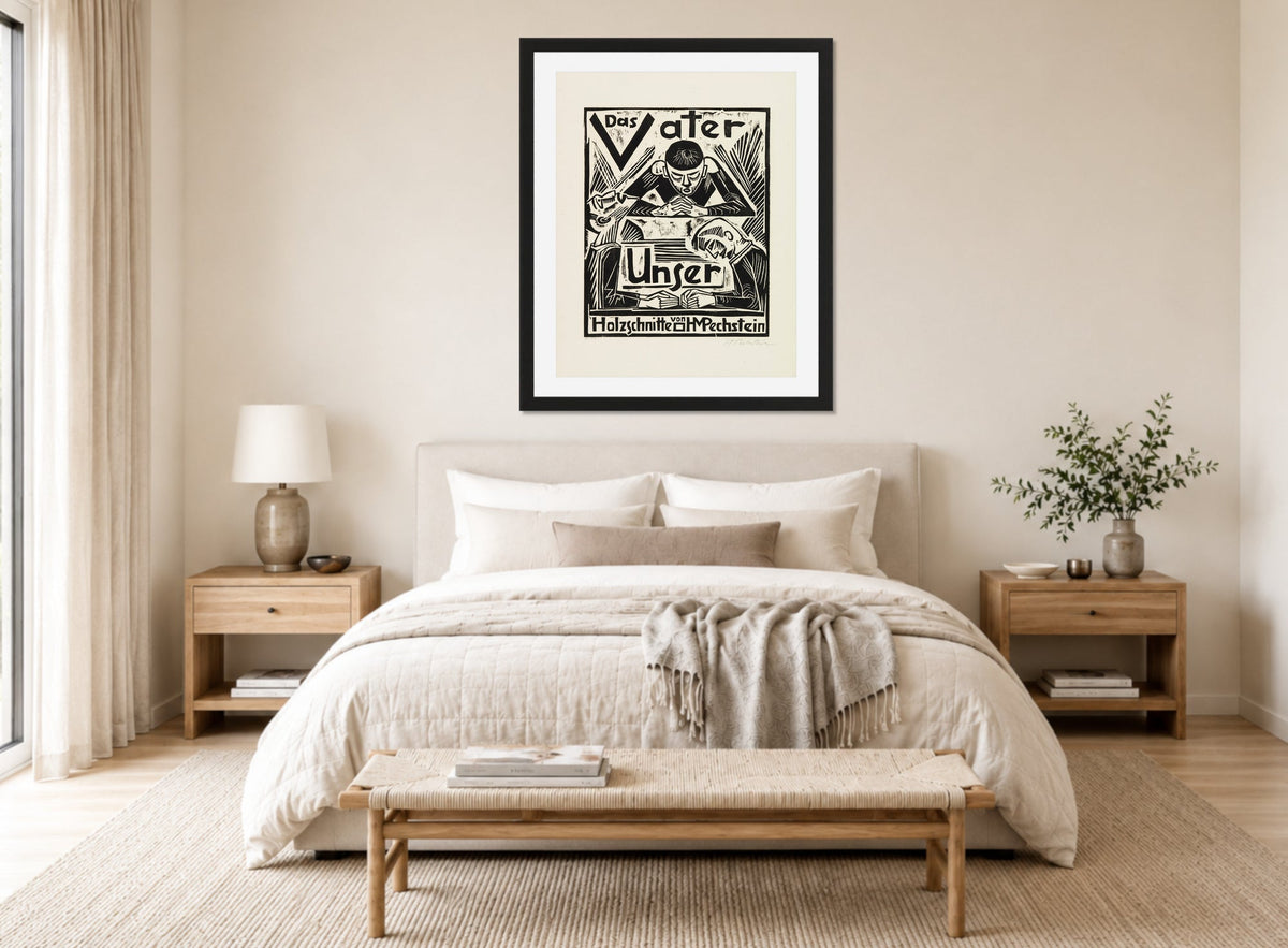Hermann Max Pechstein Print, The Lord’s Prayer (Das Vater Unser) – Title Page (1921) displayed above a bed