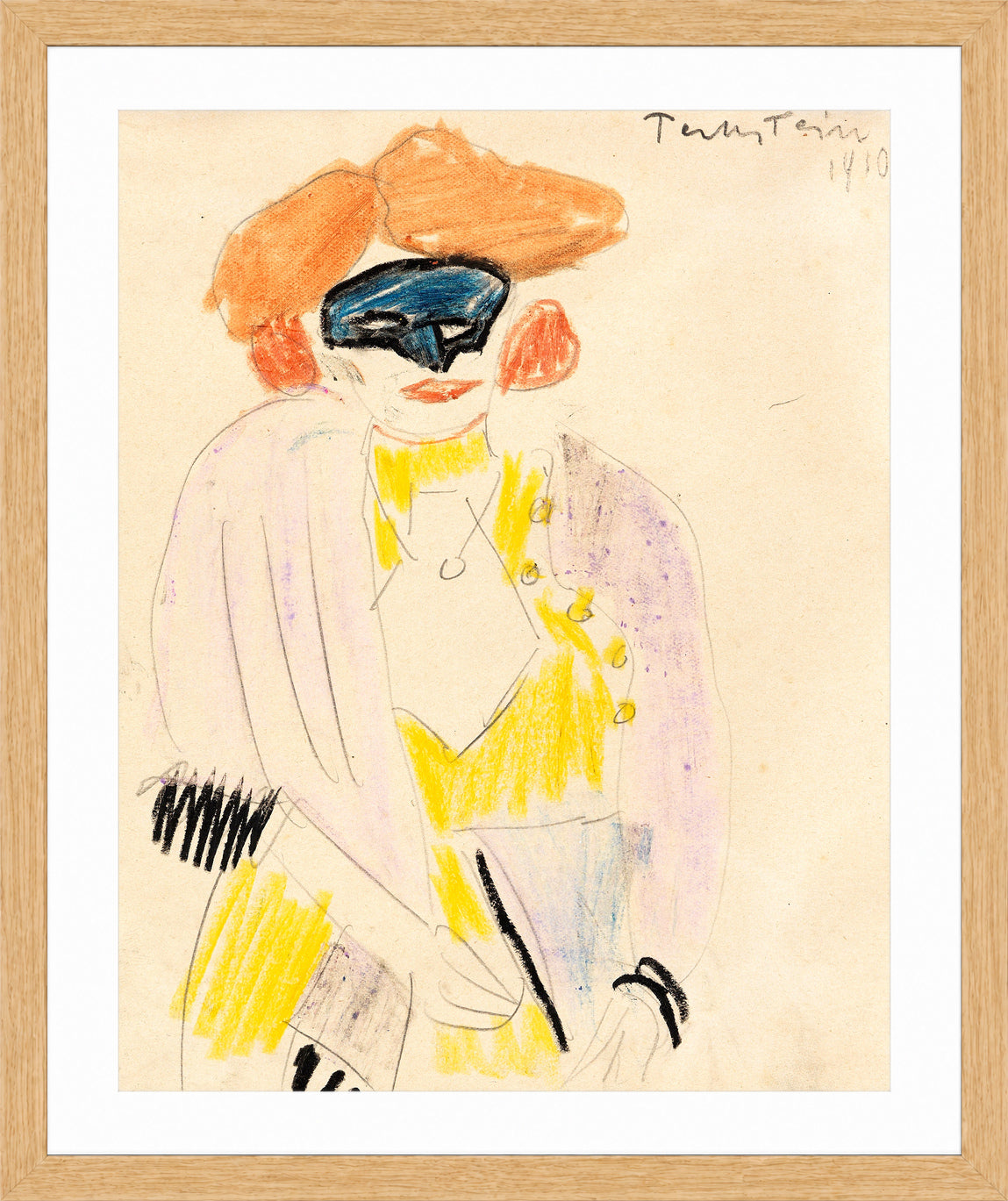 Hermann Max Pechstein Print, The Masked Woman (1910) in a light oak frame