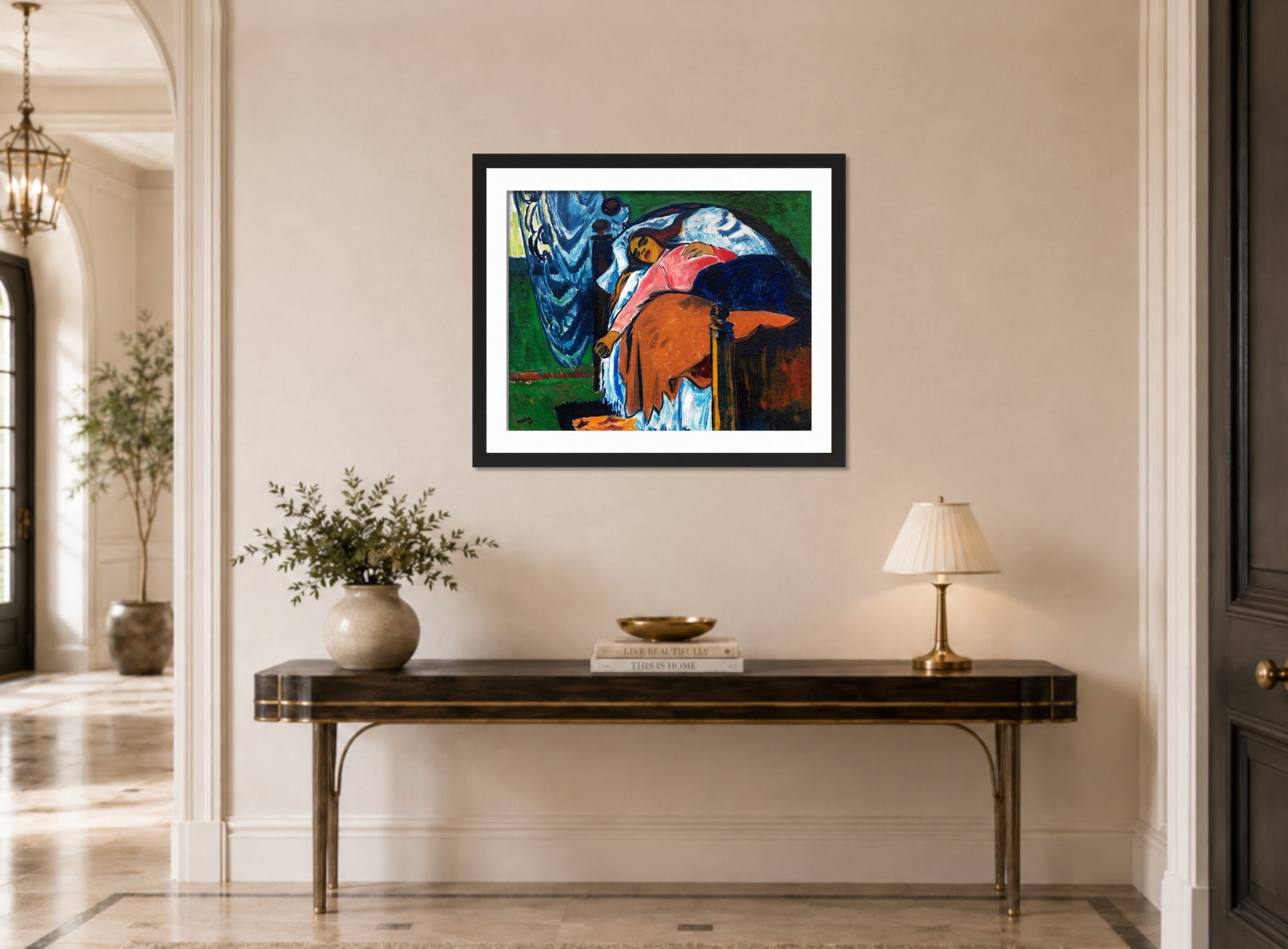 Hermann Max Pechstein Print, The Resting Woman (1911) displayed above a console table