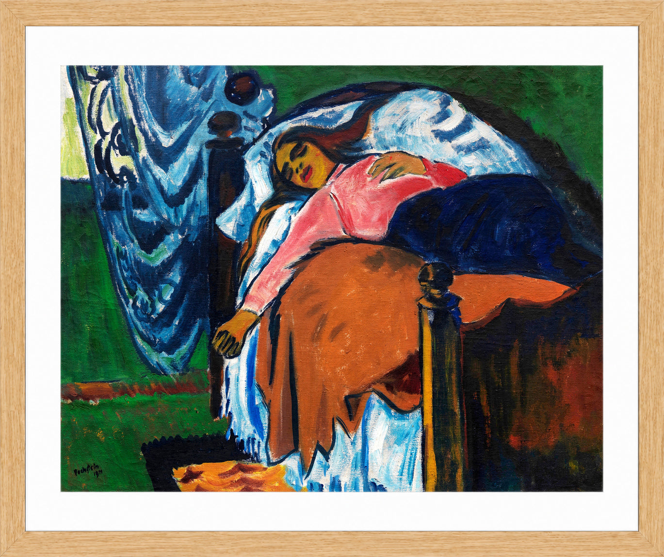 Hermann Max Pechstein Print, The Resting Woman (1911) in a light oak frame