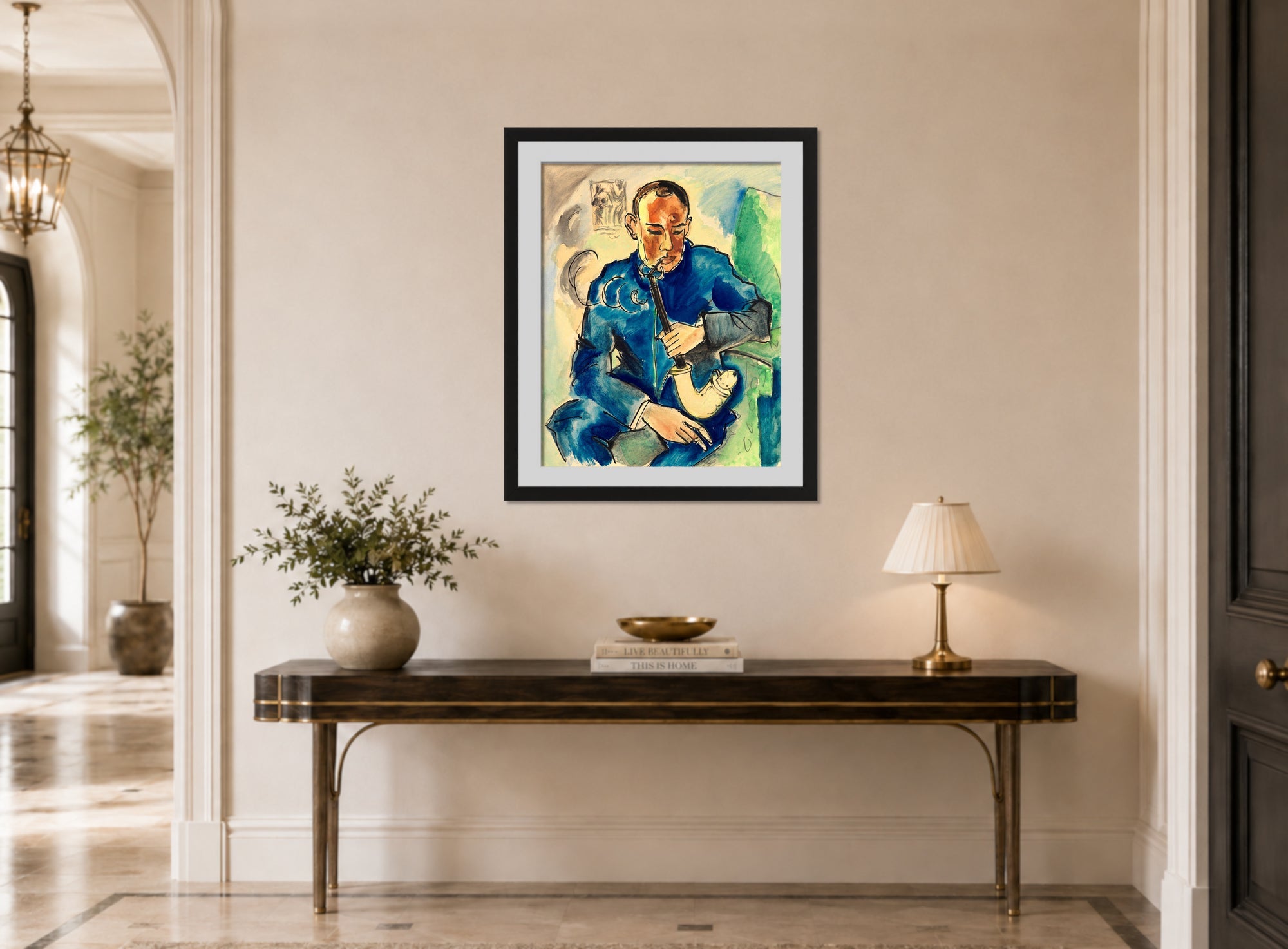 Hermann Max Pechstein Print, The Smoker – Portrait of Alfred Hess, Erfurt (1919) displayed above a console table