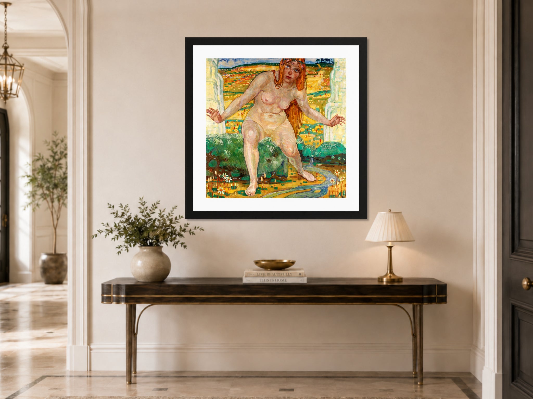 Hermann Max Pechstein Print, The Source (1906) displayed above a console table