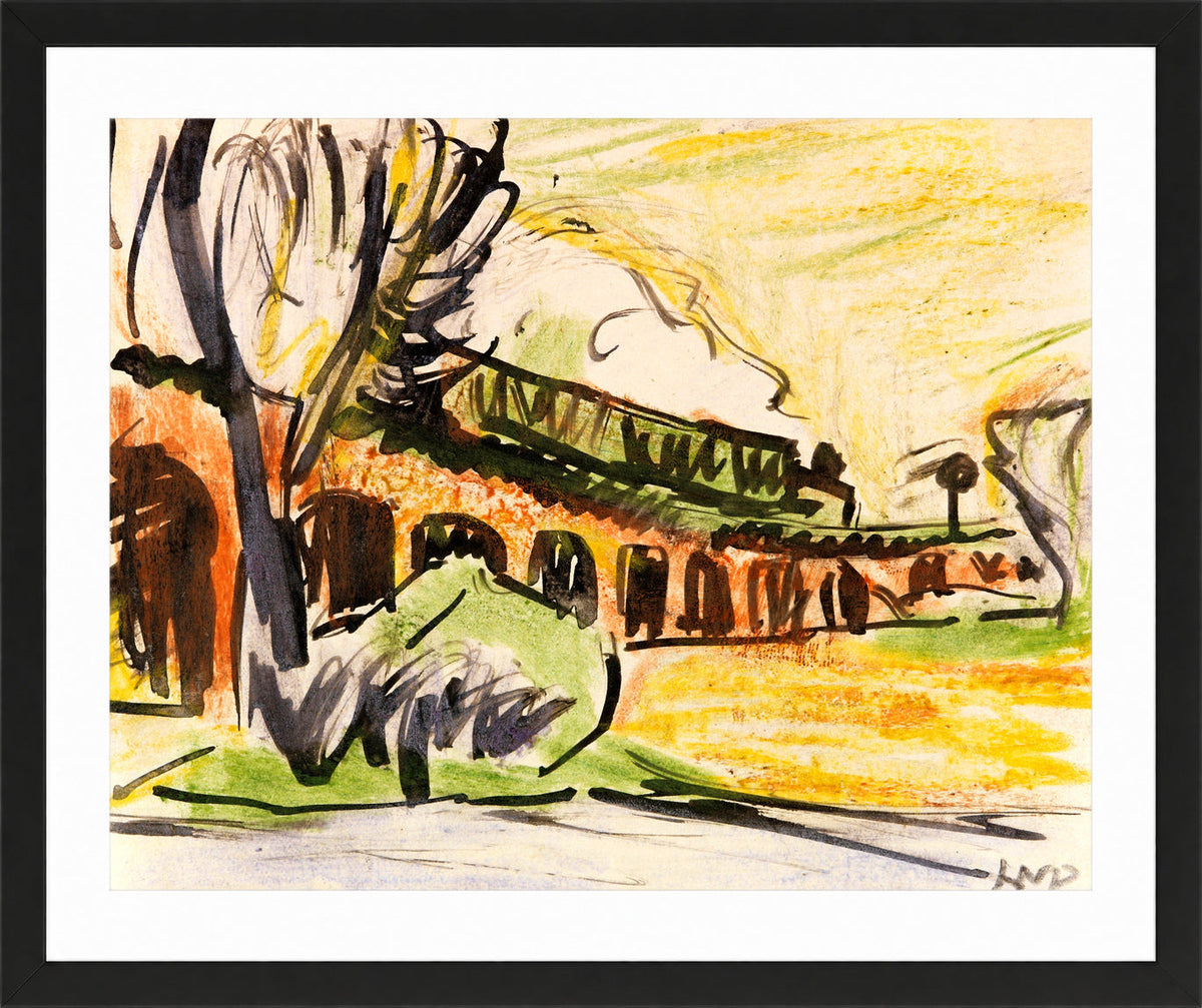 Hermann Max Pechstein Print, Train on viaduct (1913) in a black frame