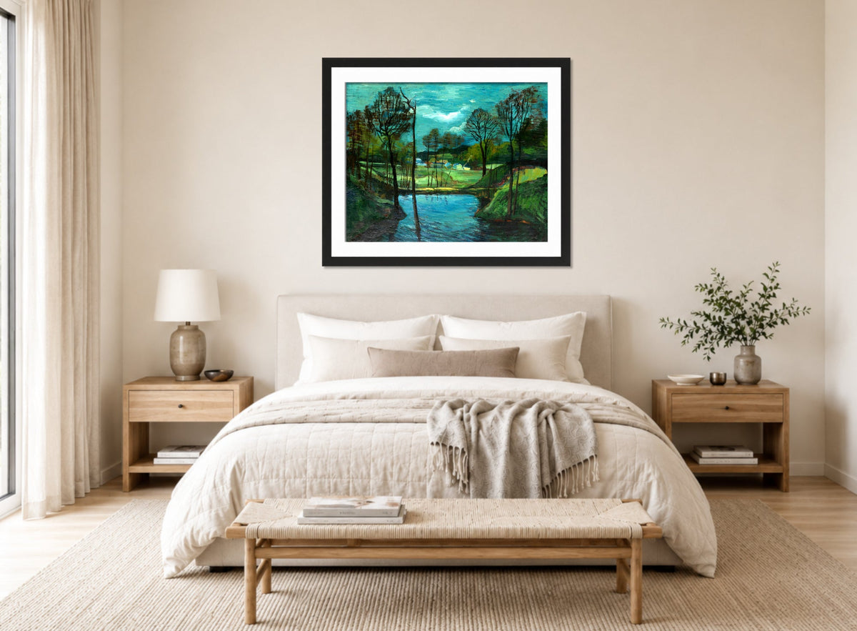 Hermann Max Pechstein Print, Trout pond in Gliesnitz (1944) displayed above a bed