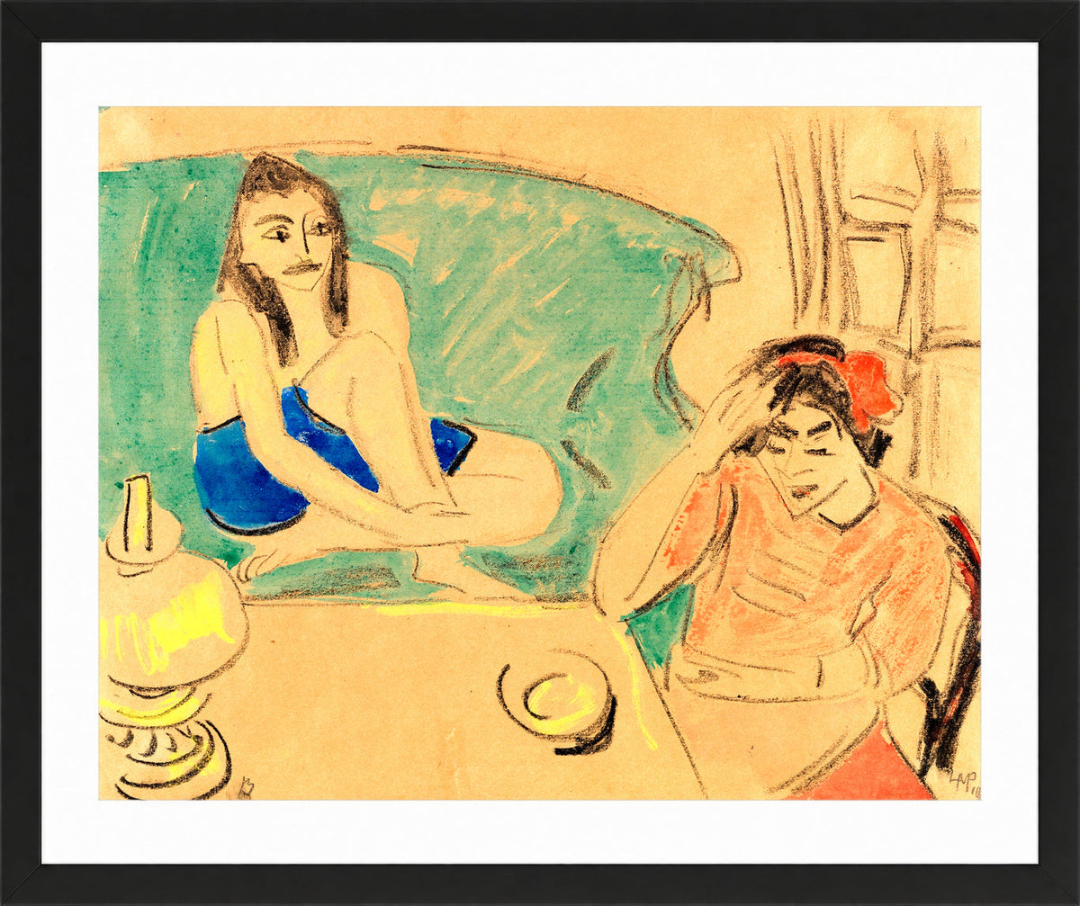 Hermann Max Pechstein Print, Two Girls at the Table (1910) in a black frame