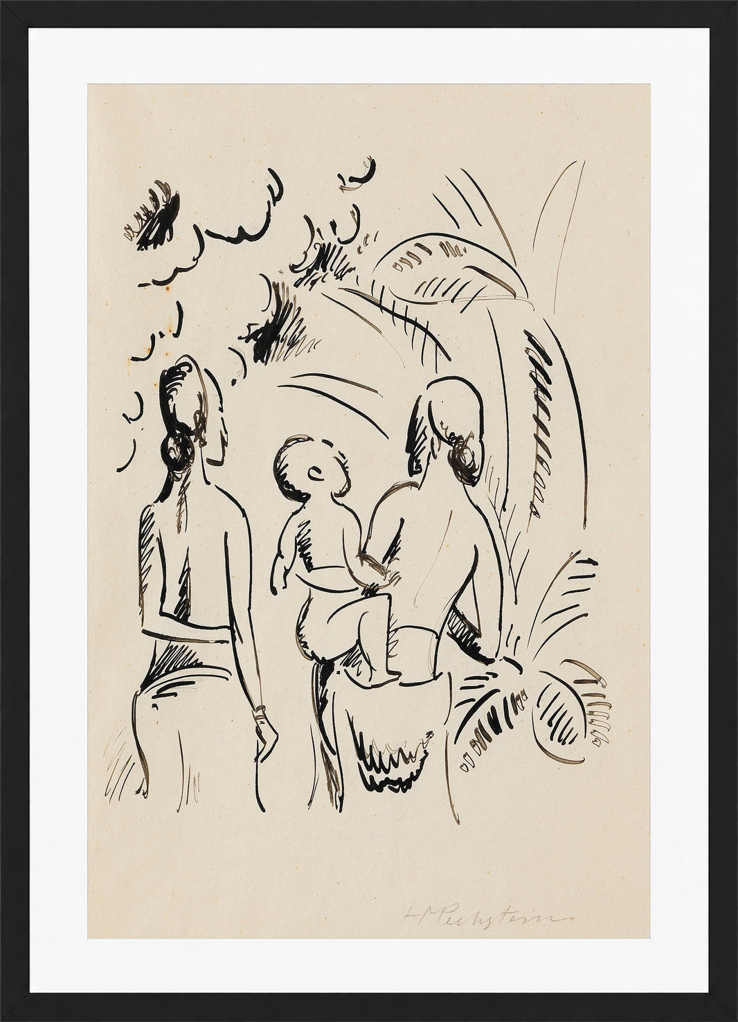 Hermann Max Pechstein Print, Two island women with a child (1914) in a black frame