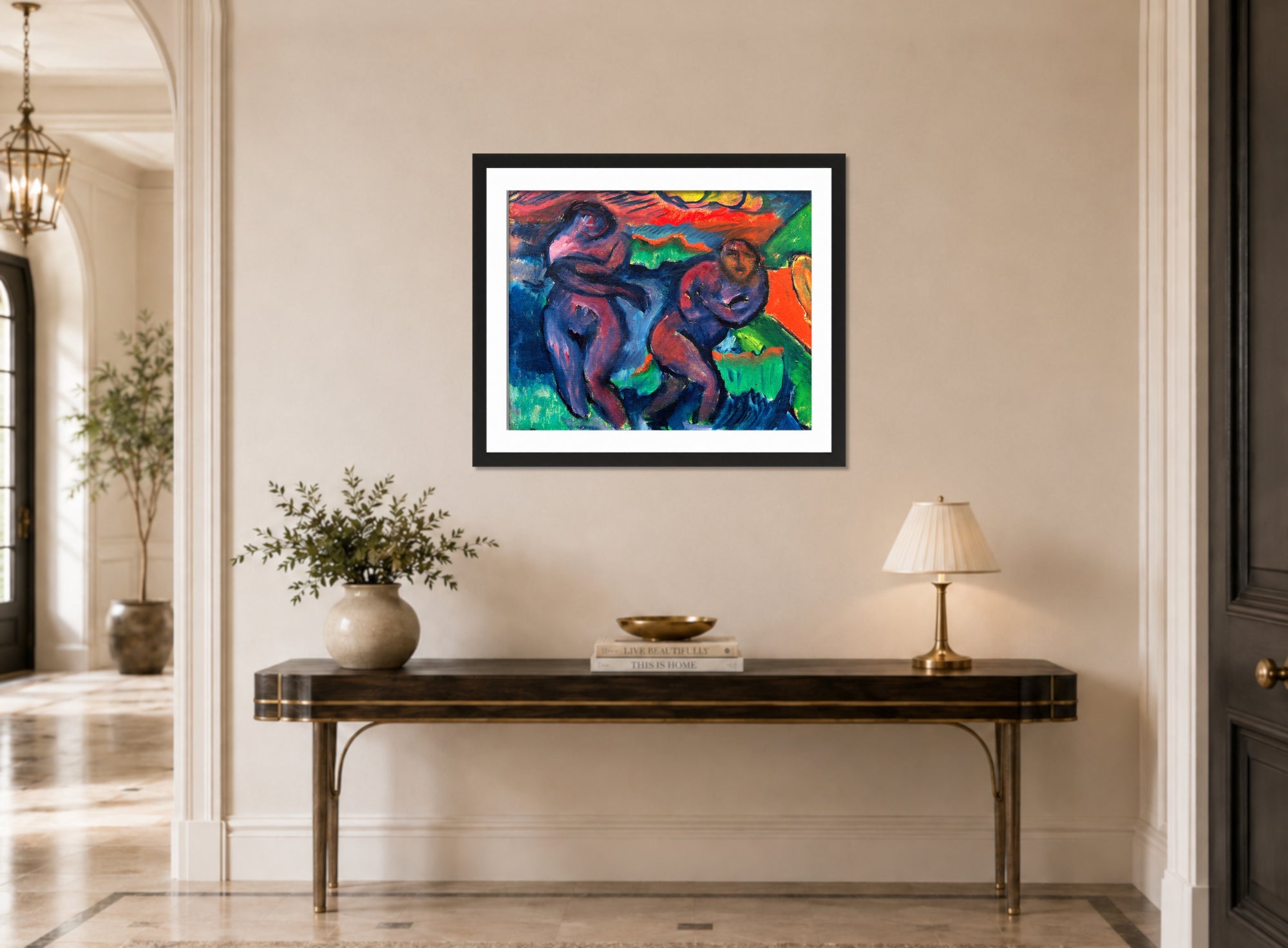 Hermann Max Pechstein Print, Two Women Bathing (1910-1917) displayed above a console table
