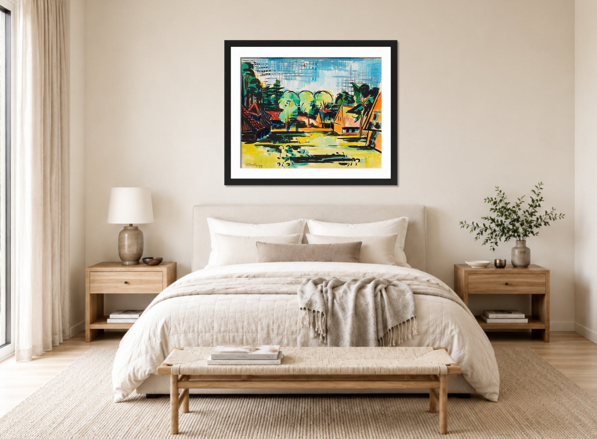 Hermann Max Pechstein Print, Village (1919) displayed above a bed