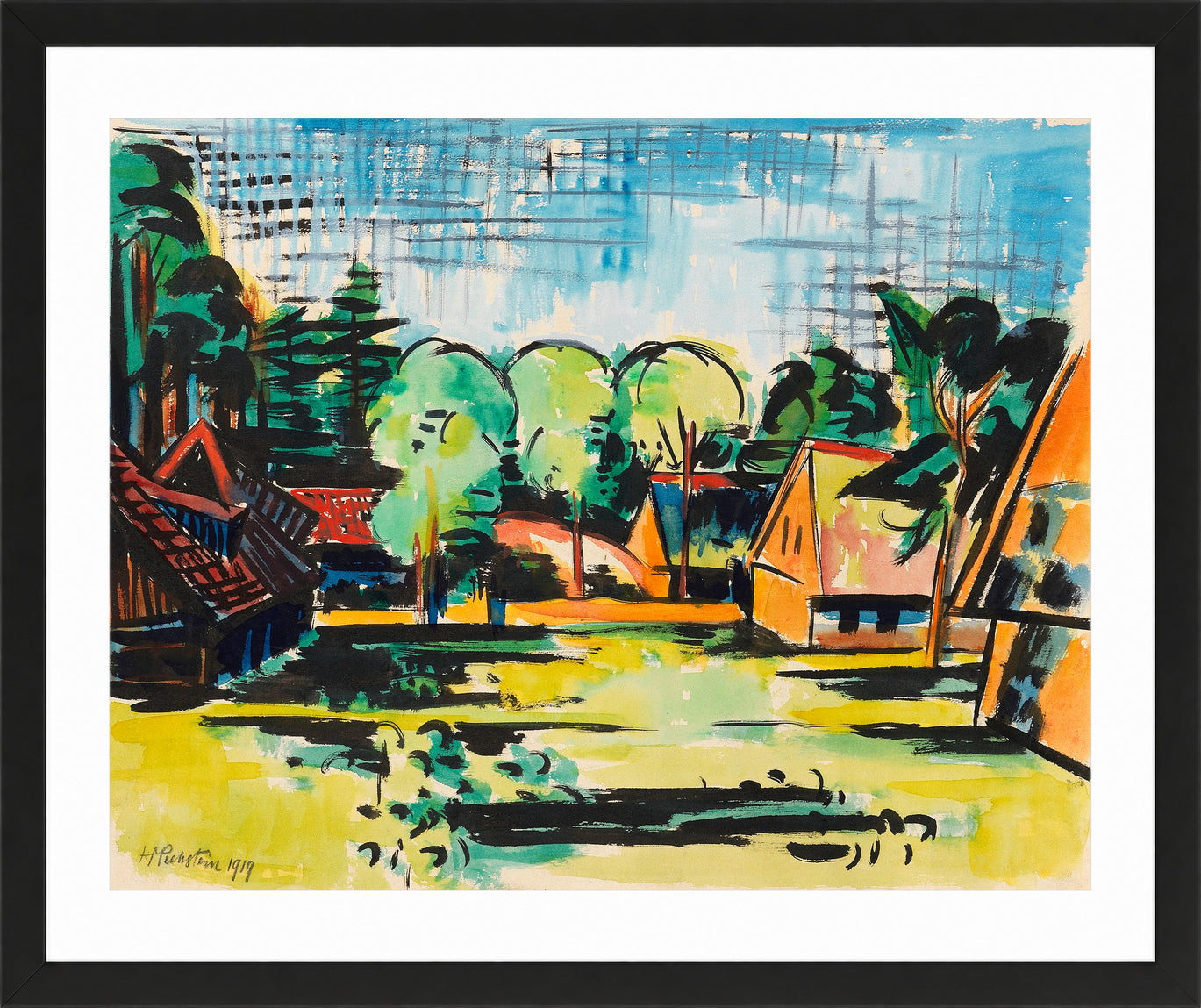 Hermann Max Pechstein Print, Village (1919) in a black frame