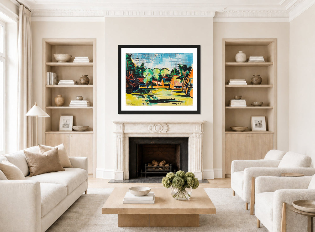 Hermann Max Pechstein Print, Village (1919) displayed in a living room