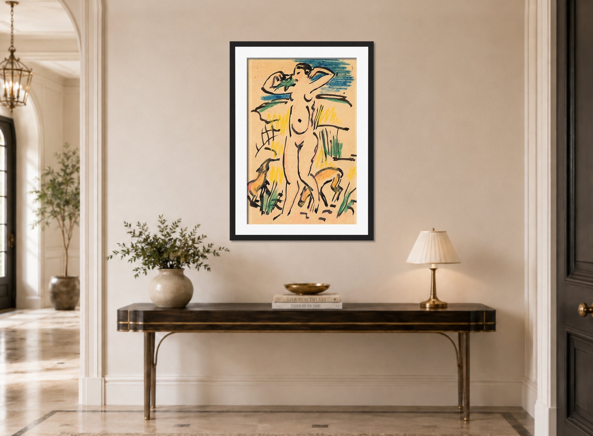 Hermann Max Pechstein Print, Weiblicher Akt mit (Katze und) Tieren (1912) displayed above a console table