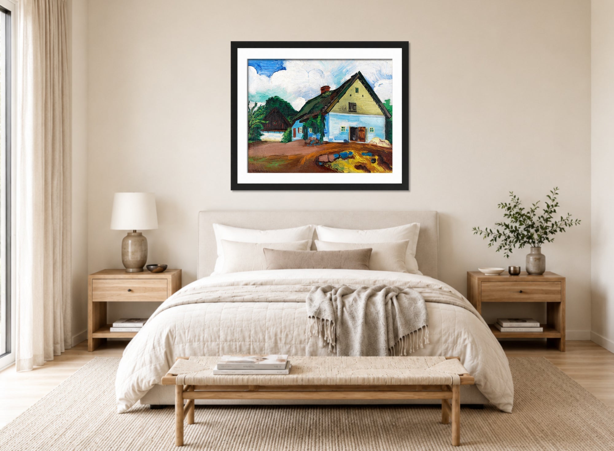 Hermann Max Pechstein Print, White House (1928) displayed above a bed