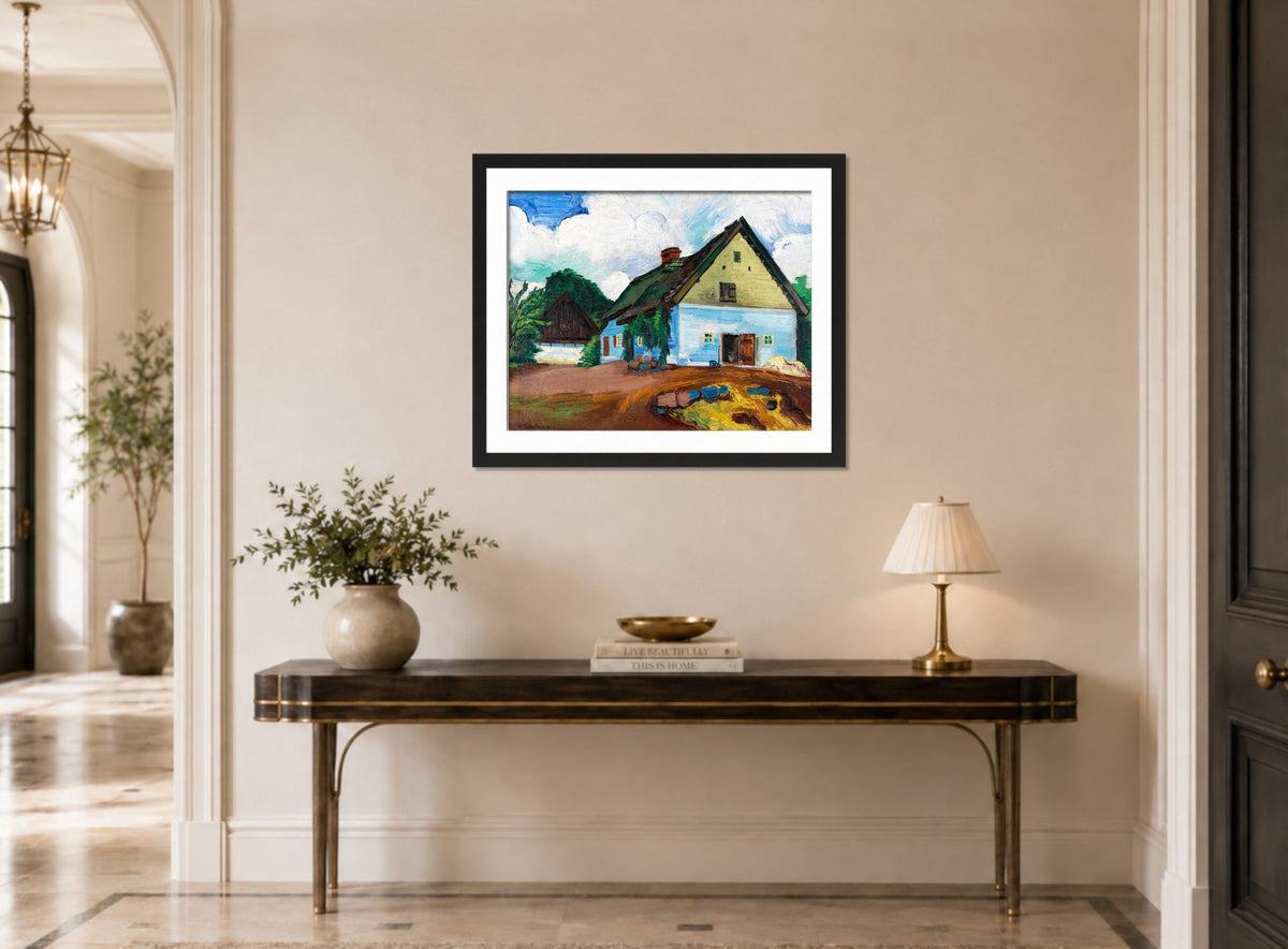 Hermann Max Pechstein Print, White House (1928) displayed above a console table
