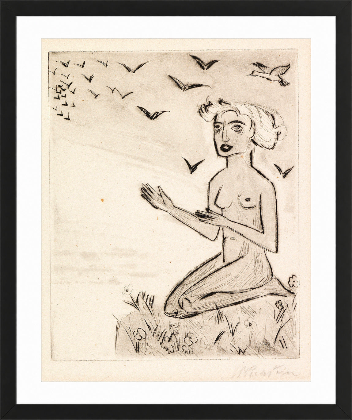 Hermann Max Pechstein Print, Yali VI (The Kneeling Girl with the Birds) (1923) in a black frame