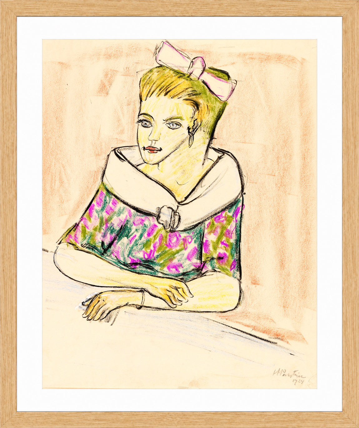 Hermann Max Pechstein Print, Young Woman with Hair Bow (1924) in a light oak frame