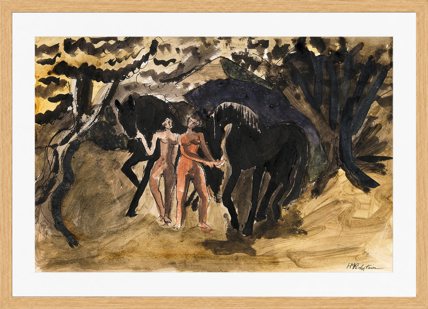 Hermann Max Pechstein Print, Zwei Akte führen zwei Pferde (1911) in a light oak frame