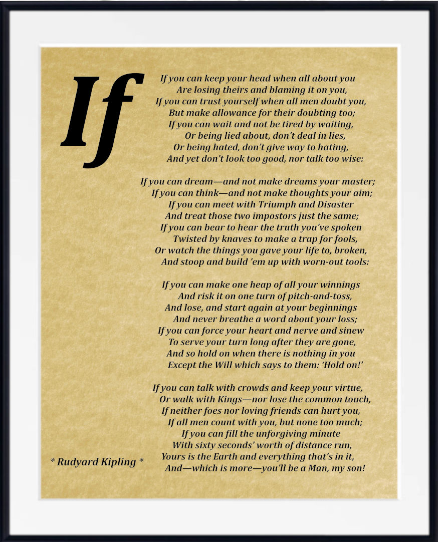 A printed poem titled with a large black letter 'f' on a tan parchment-style background, shown against a black backdrop. The poem appears to be from Rudyard Kipling and is presented as the product itself rather than an auxiliary chart or instruction image.