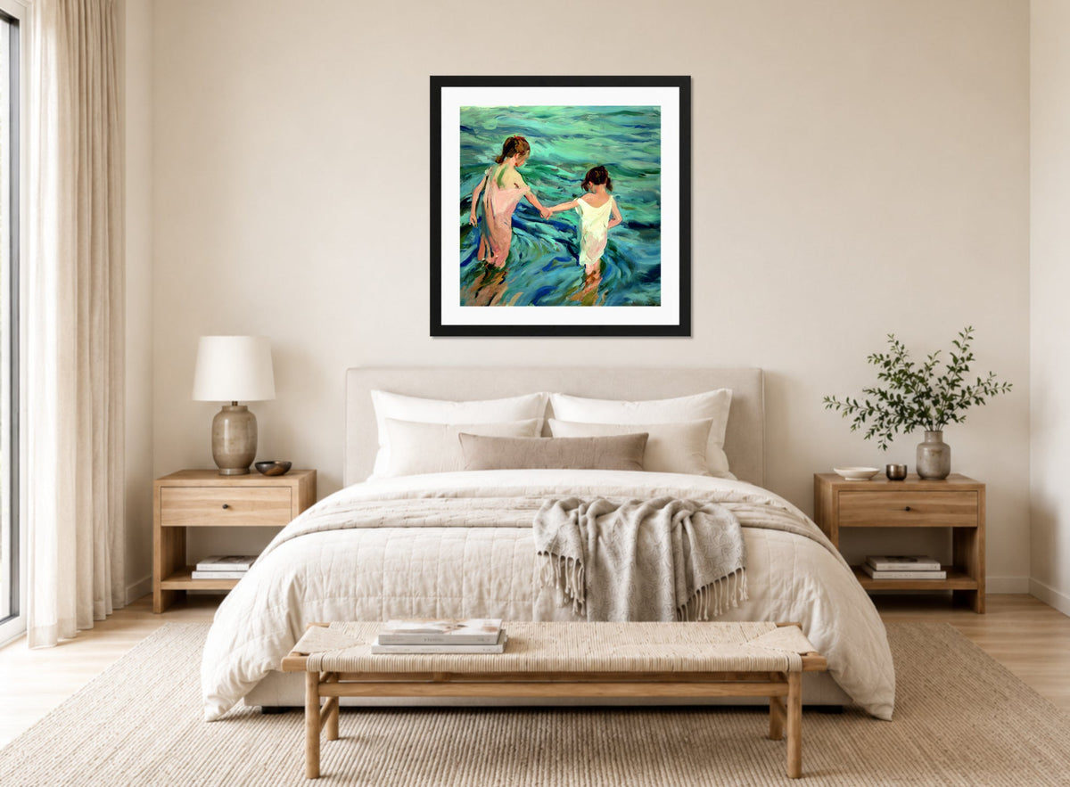 Joaquin Sorolla Print, 001 Niñas_en_el_mar_ Max Size displayed above a bed