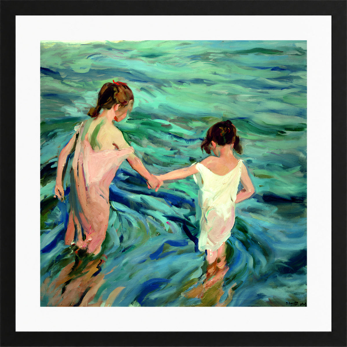 Joaquin Sorolla Print, 001 Niñas_en_el_mar_ Max Size in a black frame