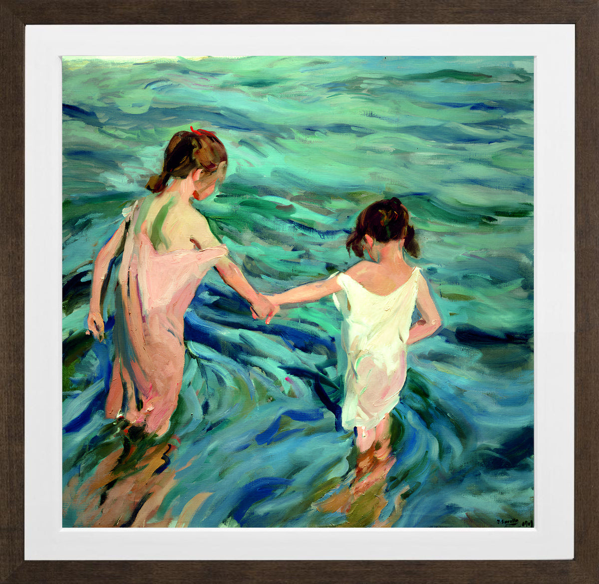 Joaquin Sorolla Print, 001 Niñas_en_el_mar_ Max Size in a brown frame